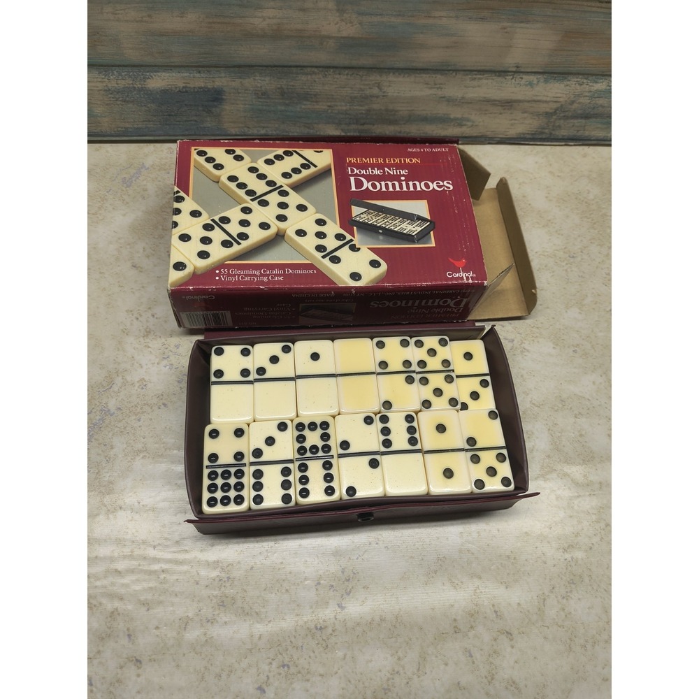Vintage Cardinal Double Nine Dominoes Set Red‎ Vinyl Case 1993